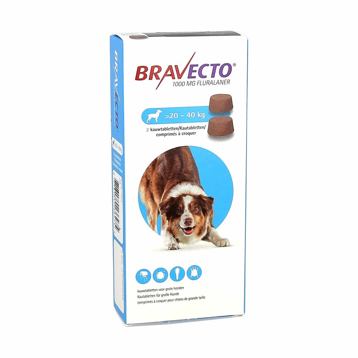 BRAVECTO 1000mg pour chien 20-40 Kg 2 comprimés